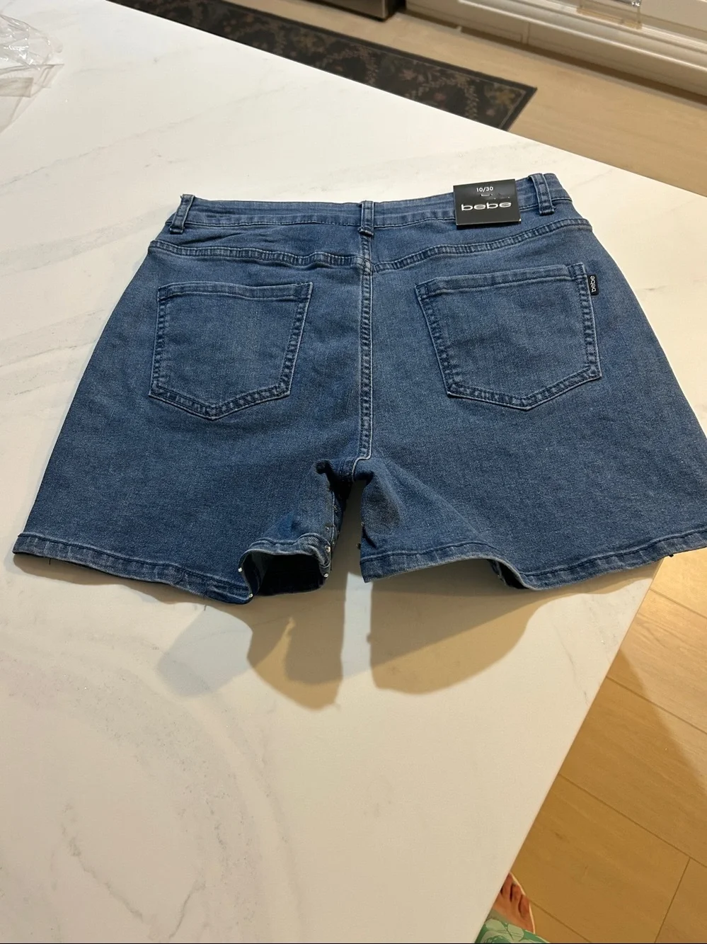 bebe Dark Blue Crystal-Studded Denim Shorts